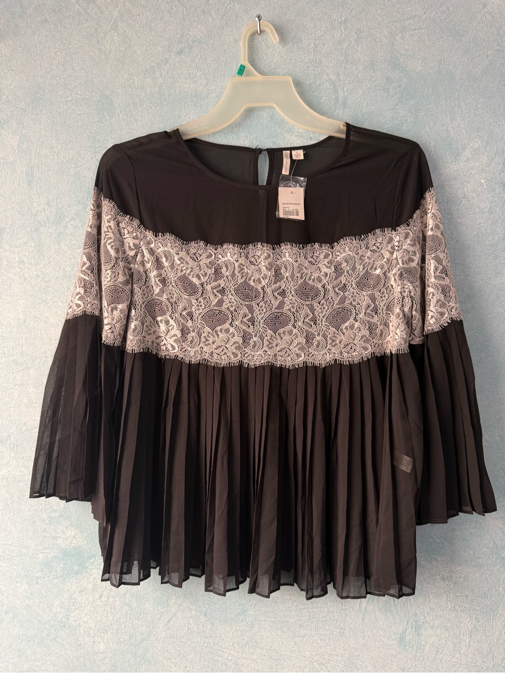 Cato Black Chiffon Blouse with White Lace Yoke and Pleated Hem